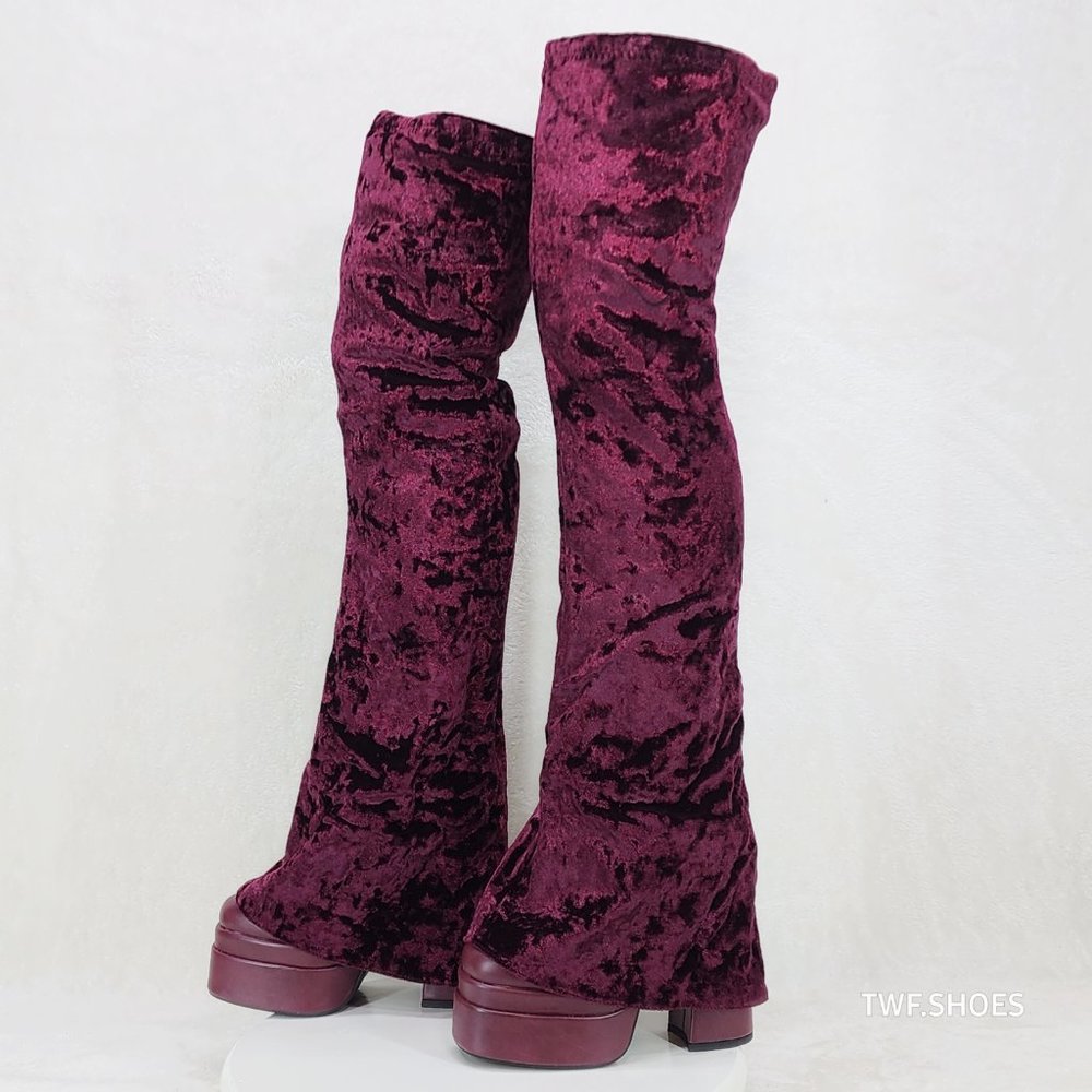 Good Will Unique Thigh High Wine Red Velvet Fold over Chunky Heel Platform Boots - Picture 6 of 10